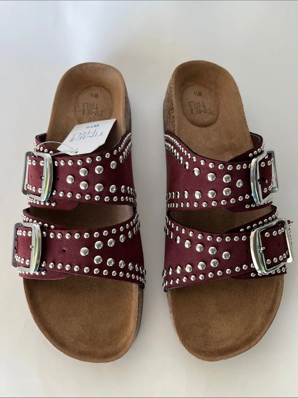 Time and Tru Maroon Studded Double-Buckle Slide Sandals